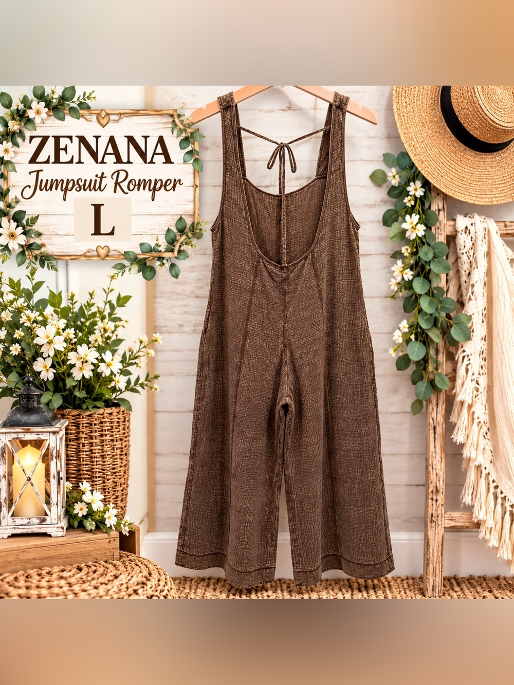 ZENANA Woven Tie Back Suspender Jumpsuit Brown Large - Picture 2 of 3